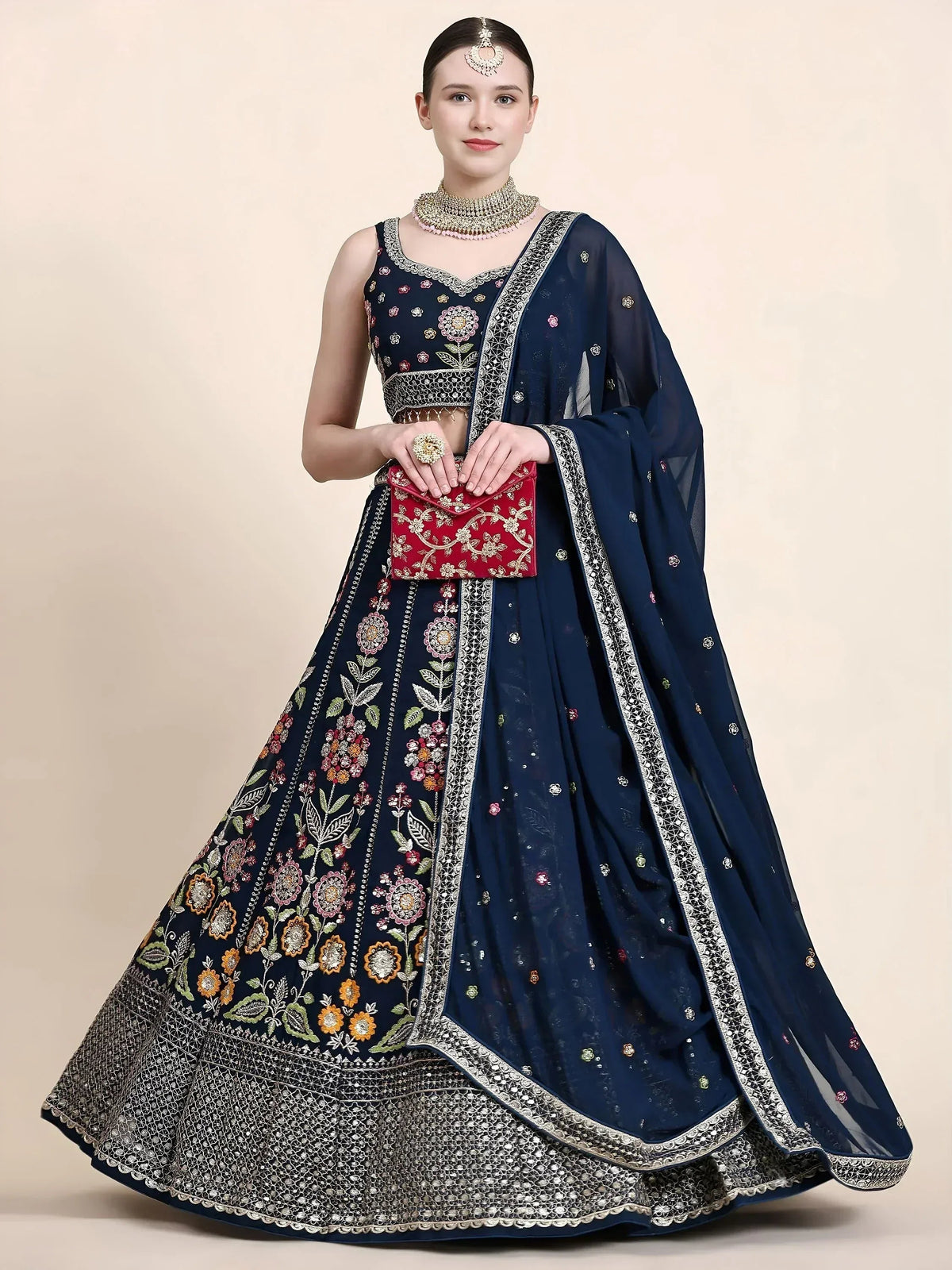 Tulsi Art Outstanding Navy Blue Floral Embroidered Georgette Sangeet Wear Lehenga Choli | Grocsy