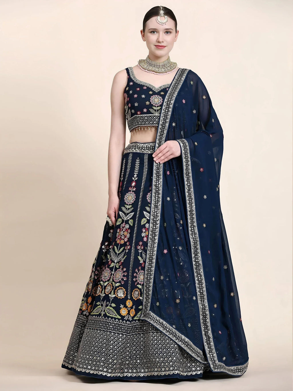 Tulsi Art Outstanding Navy Blue Floral Embroidered Georgette Sangeet Wear Lehenga Choli | Grocsy