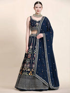 Tulsi Art Outstanding Navy Blue Floral Embroidered Georgette Sangeet Wear Lehenga Choli | Grocsy