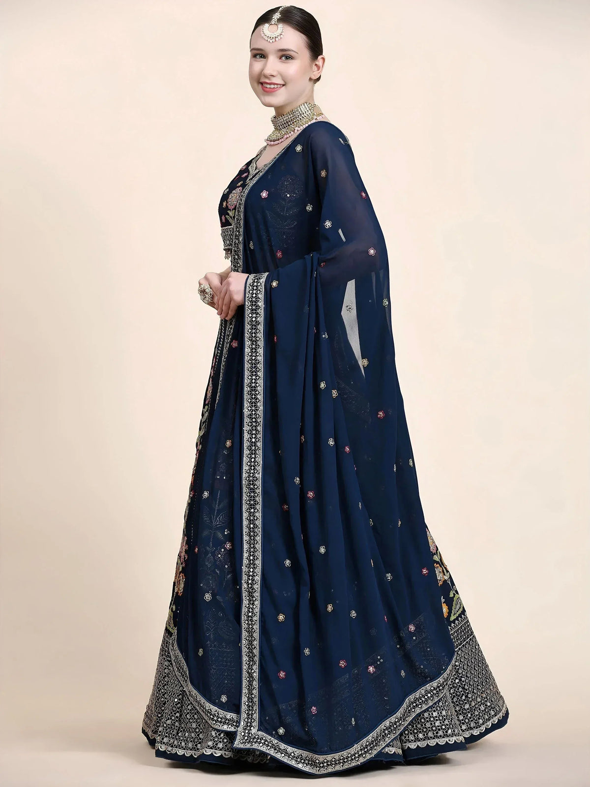 Tulsi Art Outstanding Navy Blue Floral Embroidered Georgette Sangeet Wear Lehenga Choli | Grocsy