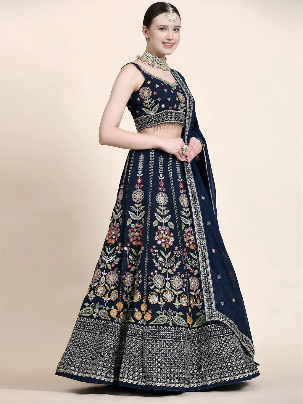Tulsi Art Outstanding Navy Blue Floral Embroidered Georgette Sangeet Wear Lehenga Choli | Grocsy
