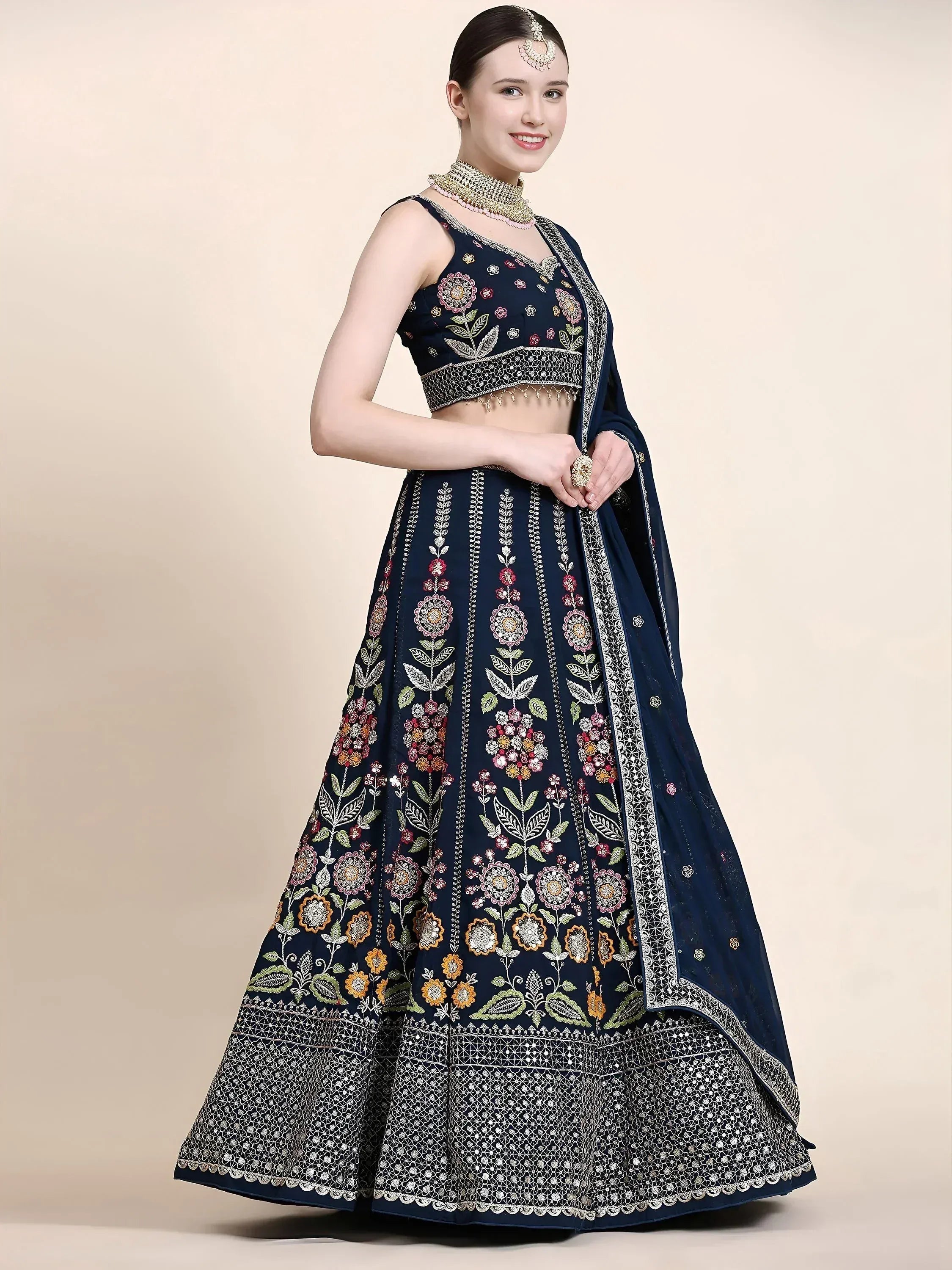 Tulsi Art Outstanding Navy Blue Floral Embroidered Georgette Sangeet Wear Lehenga Choli | Grocsy