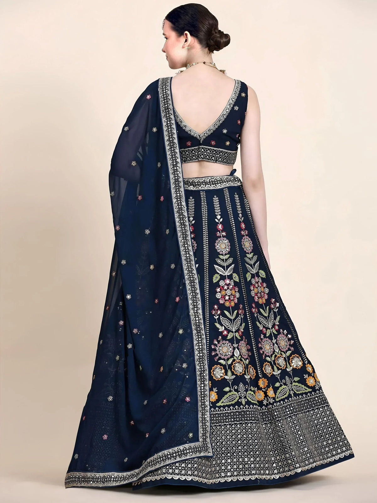 Tulsi Art Outstanding Navy Blue Floral Embroidered Georgette Sangeet Wear Lehenga Choli | Grocsy