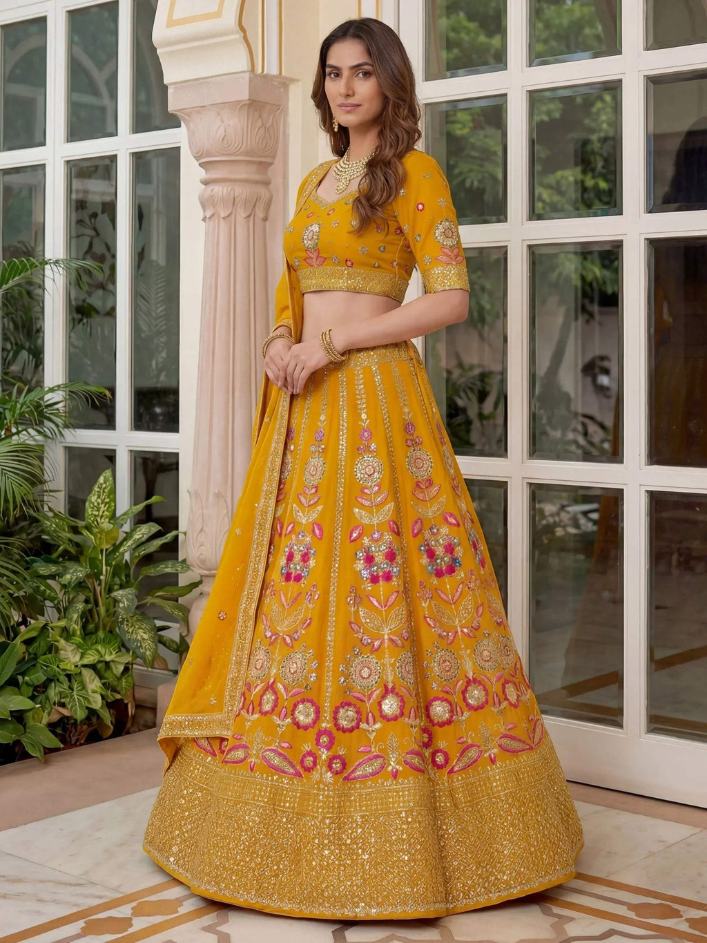 Tulsi Art Alluring Yellow Sequins Georgette Wedding Wear Lehenga Choli | Grocsy