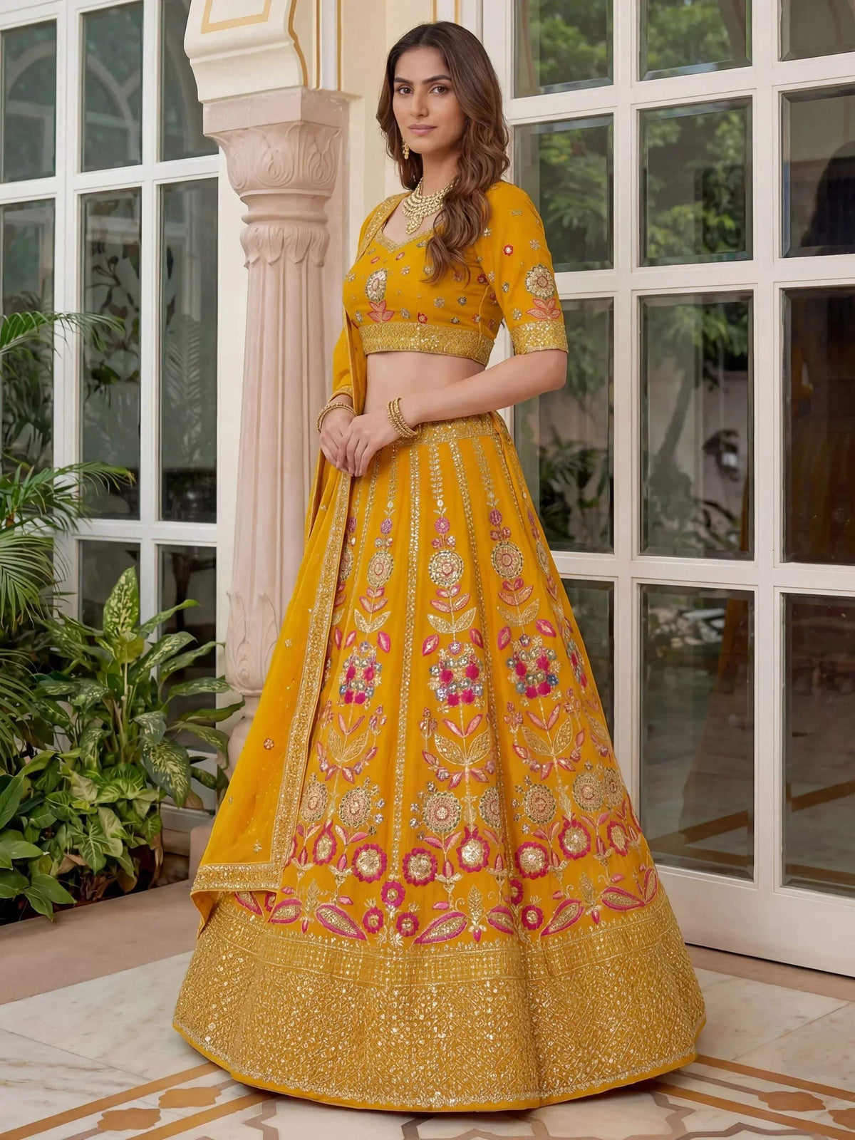 Tulsi Art Alluring Yellow Sequins Georgette Wedding Wear Lehenga Choli | Grocsy