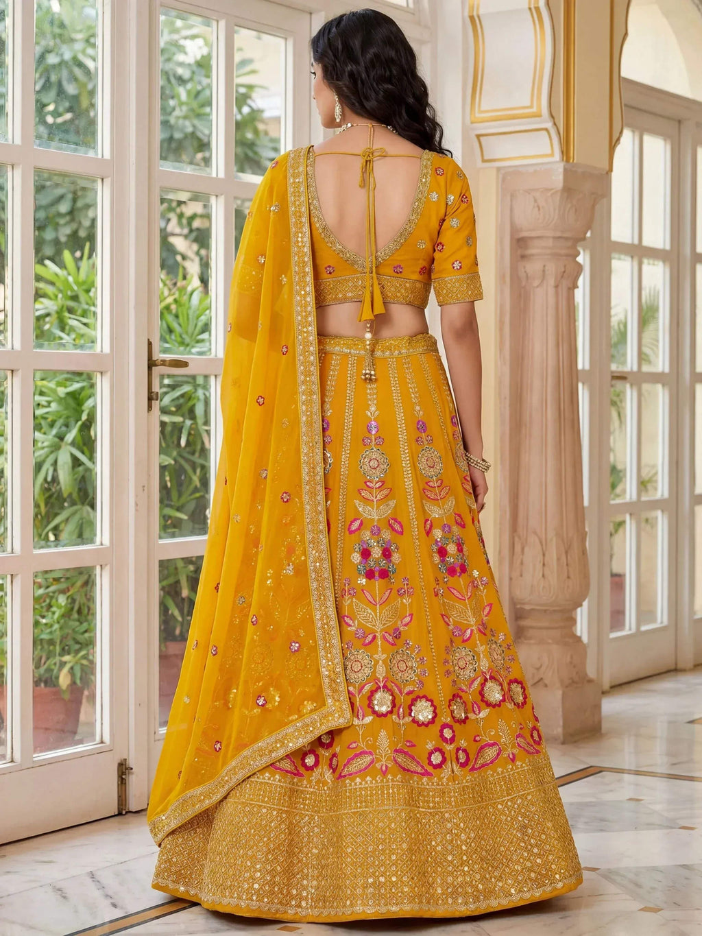 Tulsi Art Alluring Yellow Sequins Georgette Wedding Wear Lehenga Choli | Grocsy