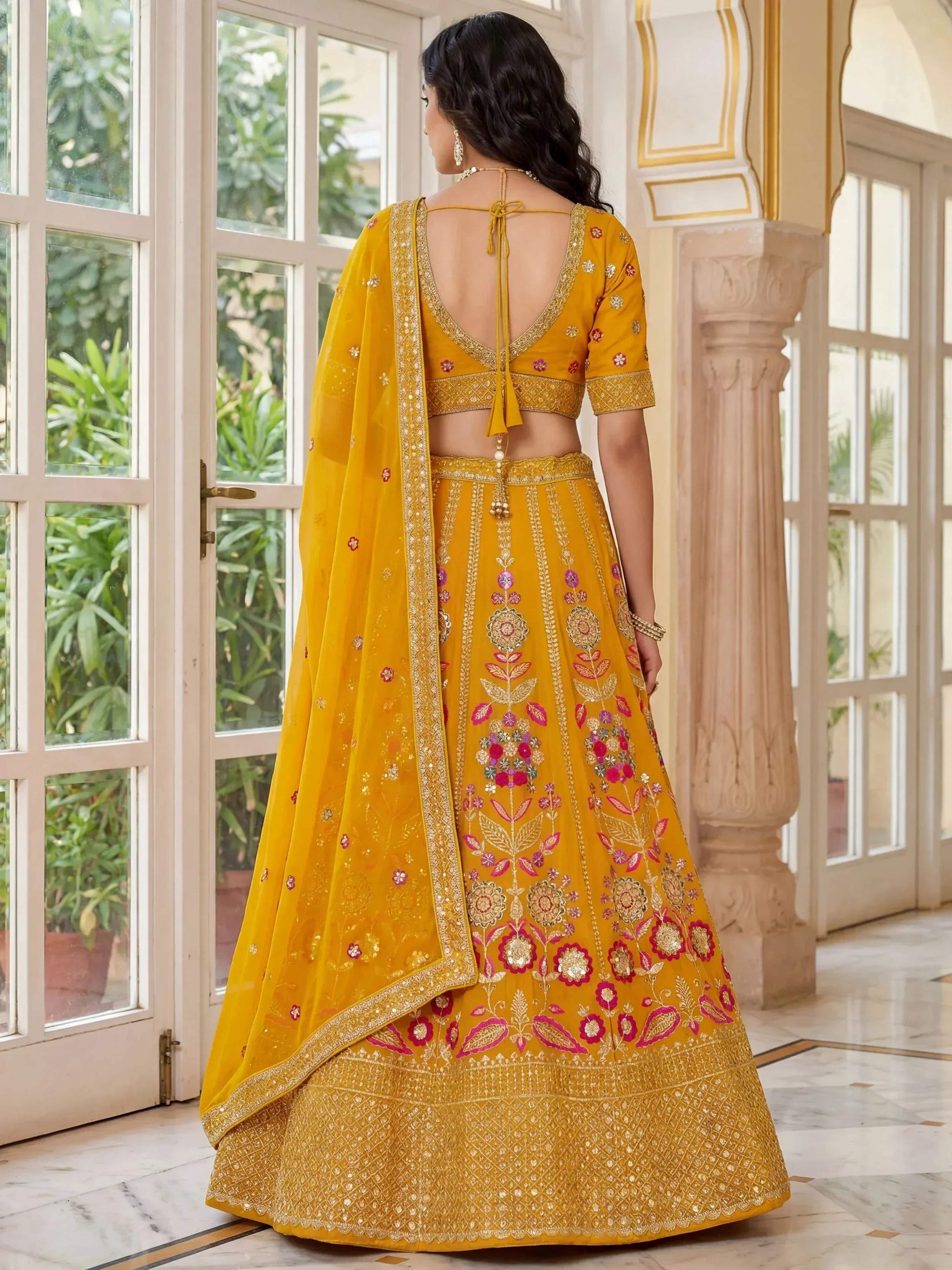 Tulsi Art Alluring Yellow Sequins Georgette Wedding Wear Lehenga Choli | Grocsy