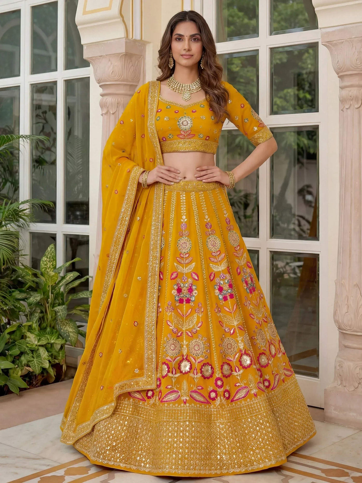 Tulsi Art Alluring Yellow Sequins Georgette Wedding Wear Lehenga Choli | Grocsy