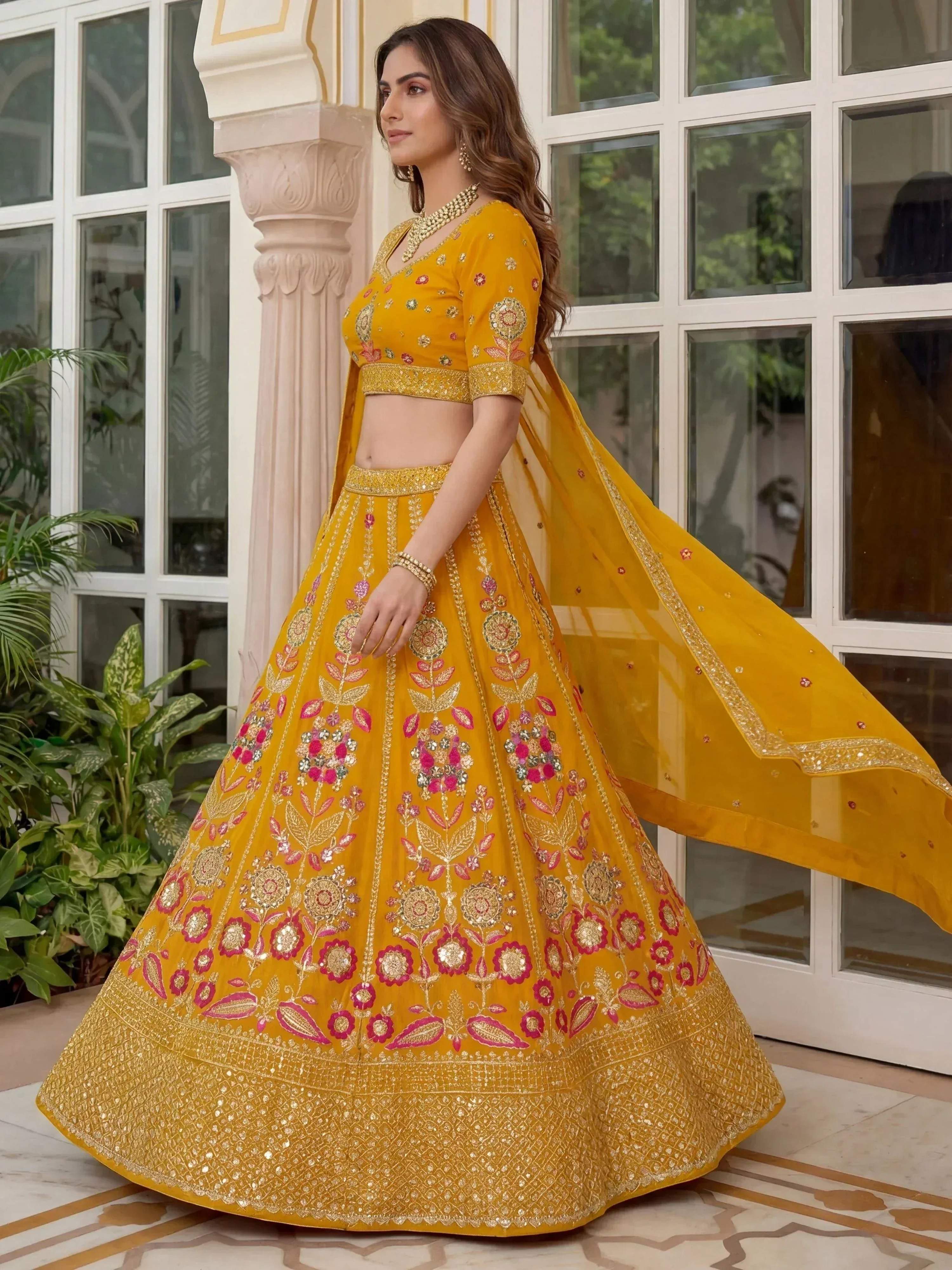 Tulsi Art Alluring Yellow Sequins Georgette Wedding Wear Lehenga Choli | Grocsy