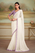 Monjolika Fashion White Sparkle Georgette Embroidered Border Party Trendy Saree | Grocsy