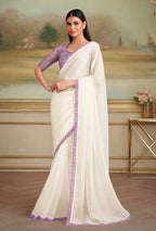 Monjolika Fashion White Sparkle Georgette Embroidered Border Party Trendy Saree | Grocsy