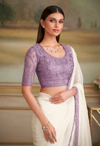 Monjolika Fashion White Sparkle Georgette Embroidered Border Party Trendy Saree | Grocsy