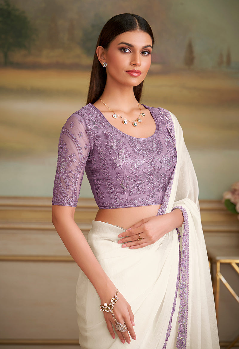 Monjolika Fashion White Sparkle Georgette Embroidered Border Party Trendy Saree | Grocsy