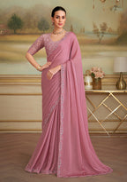 Monjolika Fashion Rose Pink Sparkle Georgette Embroidered Border Party Trendy Saree | Grocsy