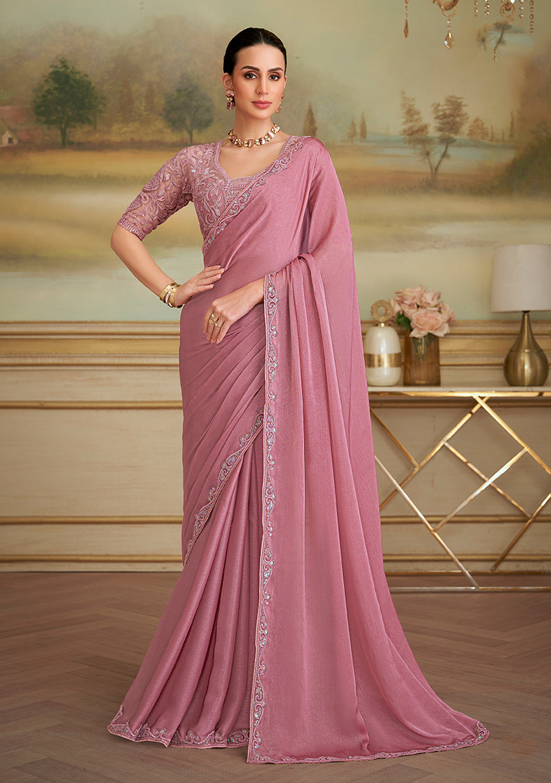 Monjolika Fashion Rose Pink Sparkle Georgette Embroidered Border Party Trendy Saree | Grocsy