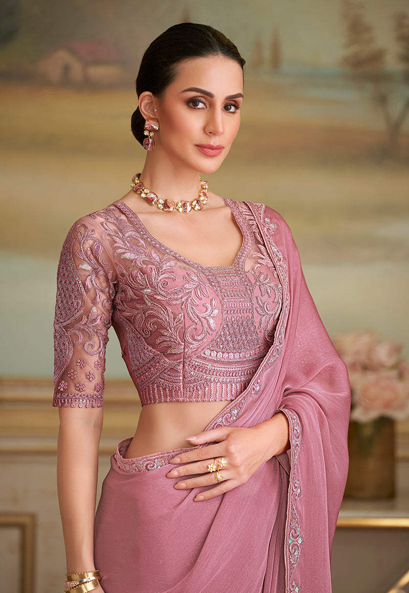 Monjolika Fashion Rose Pink Sparkle Georgette Embroidered Border Party Trendy Saree | Grocsy