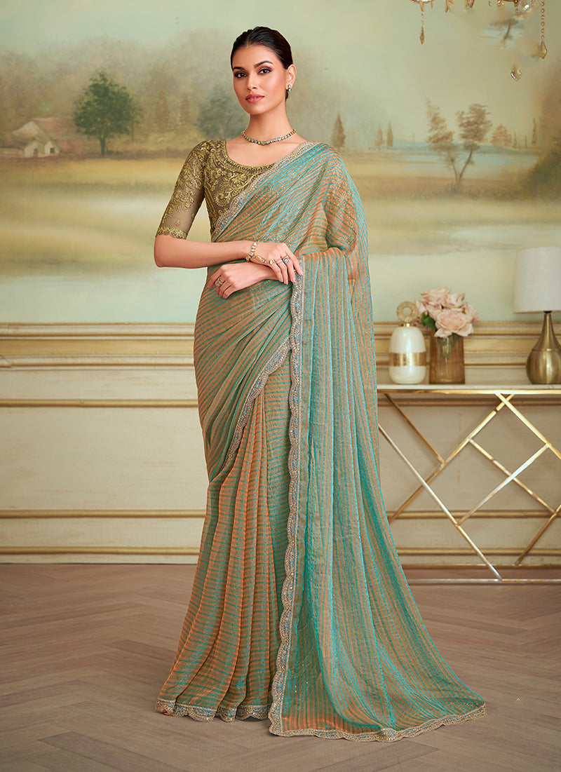 Monjolika Fashion Multicolor Blossom Georgette Embroidered Border Party Trendy Saree | Grocsy