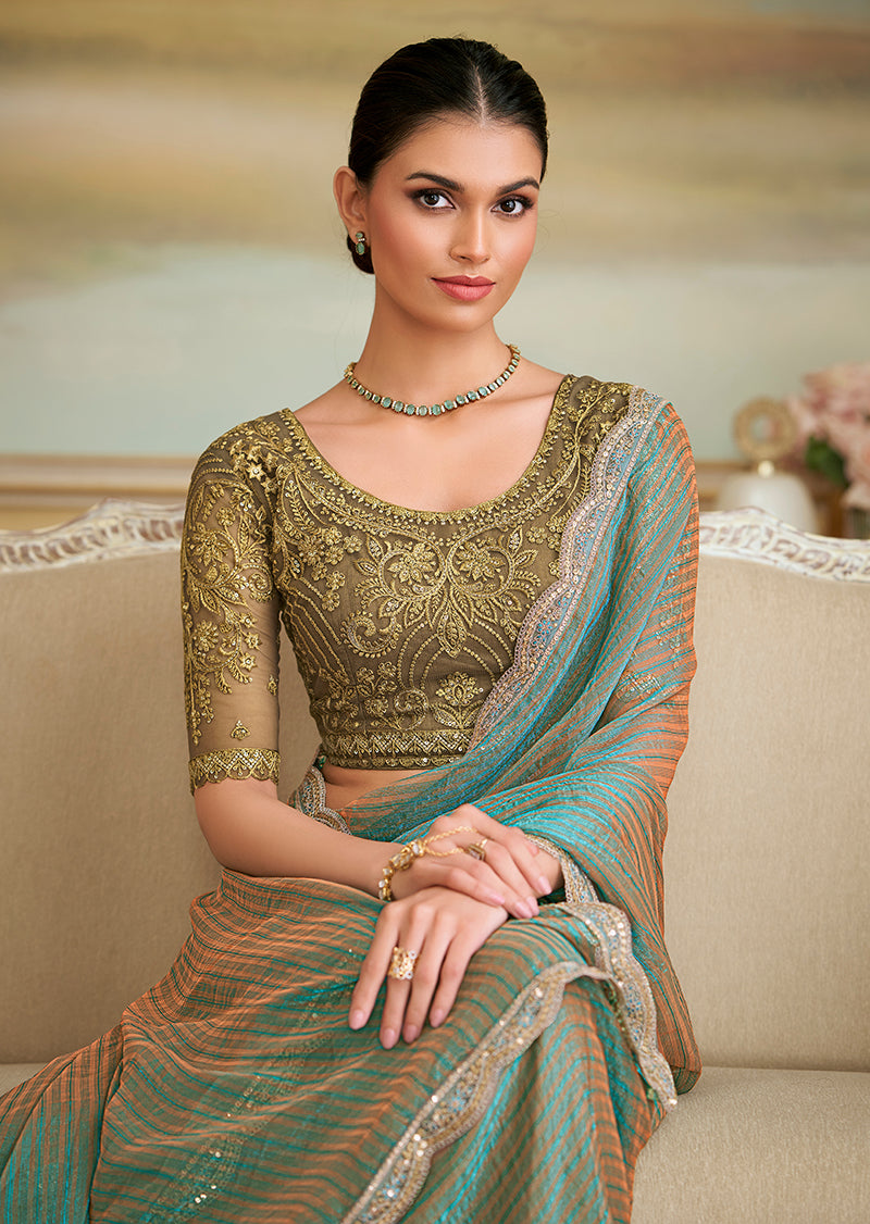 Monjolika Fashion Multicolor Blossom Georgette Embroidered Border Party Trendy Saree | Grocsy