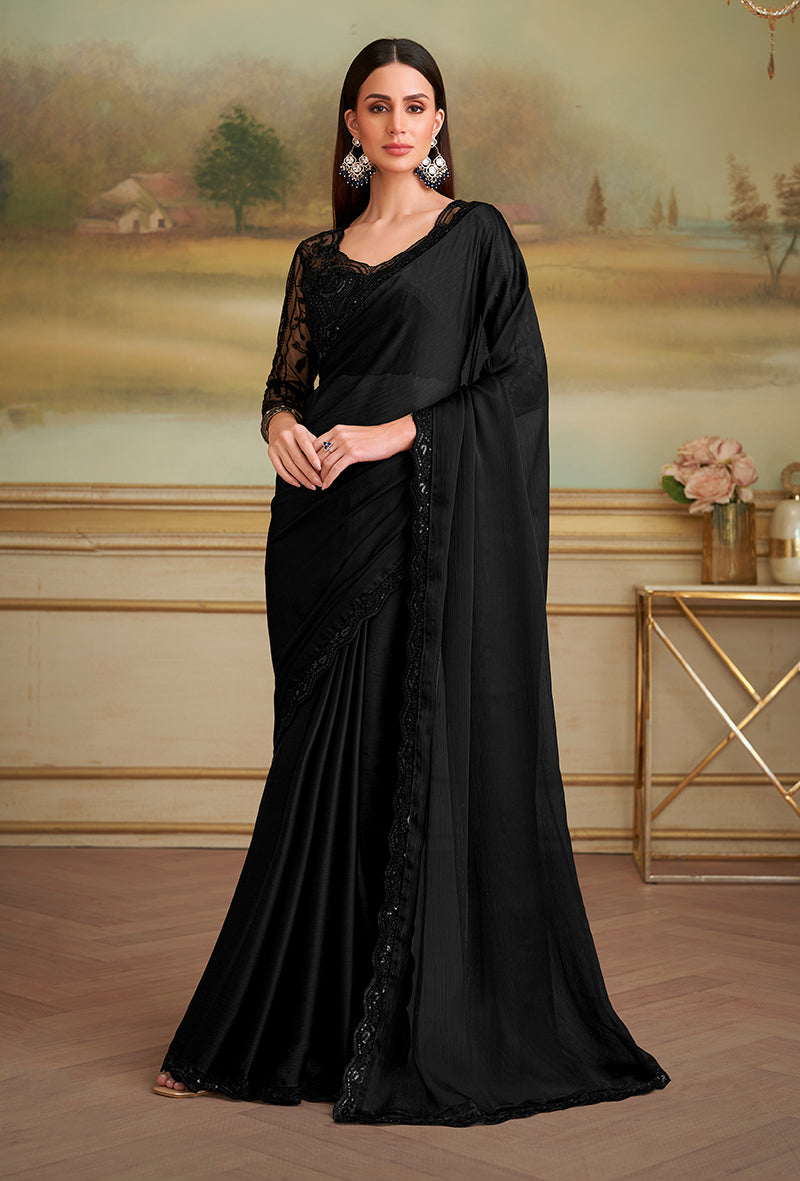 Monjolika Fashion Black Satin Chiffon Embroidered Border Party Trendy Saree | Grocsy