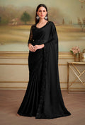 Monjolika Fashion Black Satin Chiffon Embroidered Border Party Trendy Saree | Grocsy