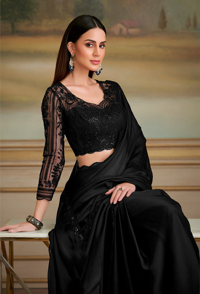Monjolika Fashion Black Satin Chiffon Embroidered Border Party Trendy Saree | Grocsy