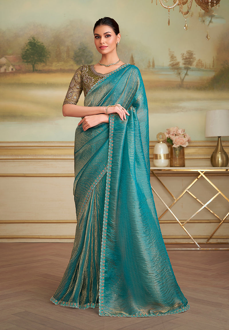 Monjolika Fashion Turquoise Checks Georgette Embroidered Border Party Trendy Saree | Grocsy