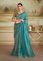 Monjolika Fashion Turquoise Checks Georgette Embroidered Border Party Trendy Saree | Grocsy