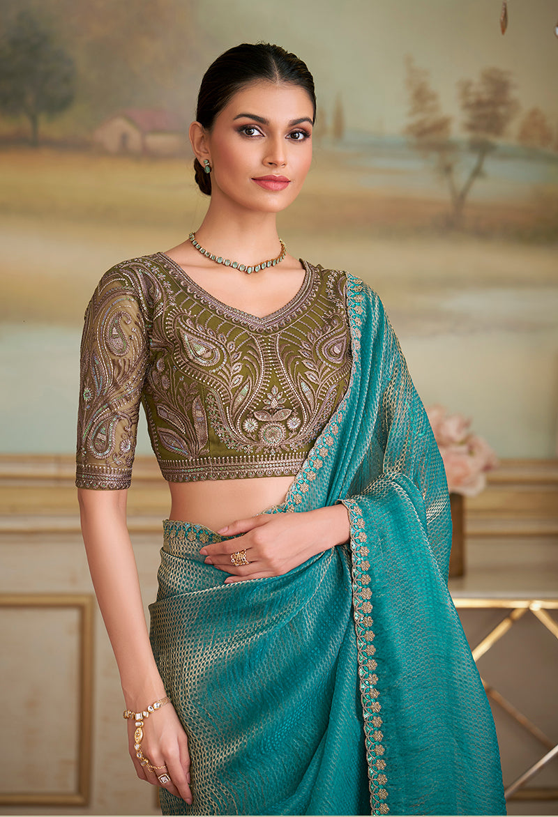 Monjolika Fashion Turquoise Checks Georgette Embroidered Border Party Trendy Saree | Grocsy