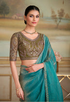 Monjolika Fashion Turquoise Checks Georgette Embroidered Border Party Trendy Saree | Grocsy