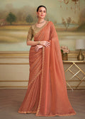 Monjolika Fashion Dark Peach Gold Georgette Embroidered Border Party Trendy Saree | Grocsy