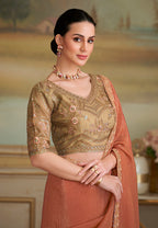 Monjolika Fashion Dark Peach Gold Georgette Embroidered Border Party Trendy Saree | Grocsy