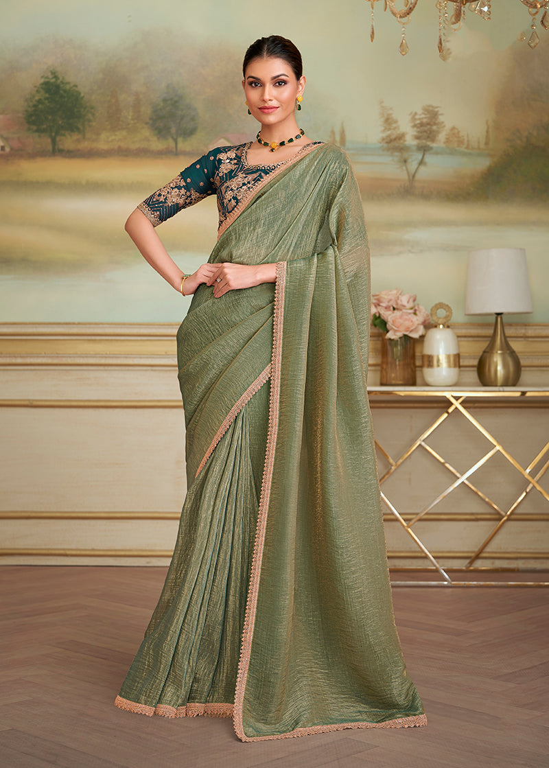 Monjolika Fashion Pista Green Gold Georgette Embroidered Border Party Trendy Saree | Grocsy