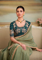 Monjolika Fashion Pista Green Gold Georgette Embroidered Border Party Trendy Saree | Grocsy
