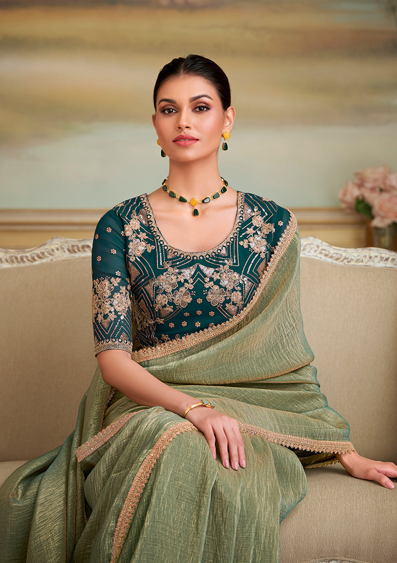 Monjolika Fashion Pista Green Gold Georgette Embroidered Border Party Trendy Saree | Grocsy