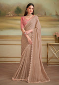 Monjolika Fashion Chiku Gold Satin Georgette Embroidered Border Party Trendy Saree | Grocsy