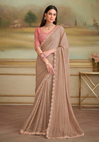 Monjolika Fashion Chiku Gold Satin Georgette Embroidered Border Party Trendy Saree | Grocsy