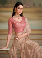 Monjolika Fashion Chiku Gold Satin Georgette Embroidered Border Party Trendy Saree | Grocsy