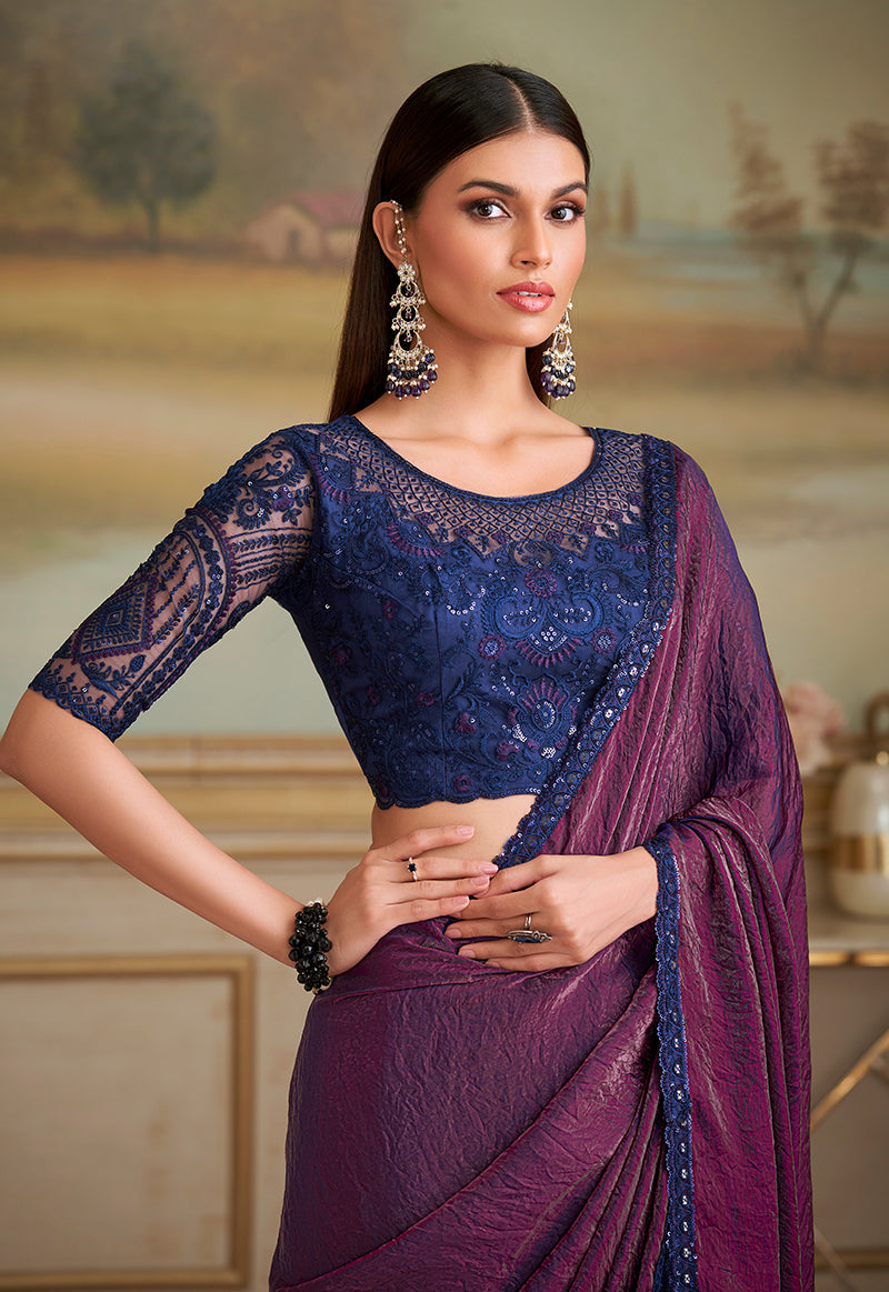Monjolika Fashion Dark Magenta Twin Shaded Georgette Embroidered Border Party Trendy Saree | Grocsy
