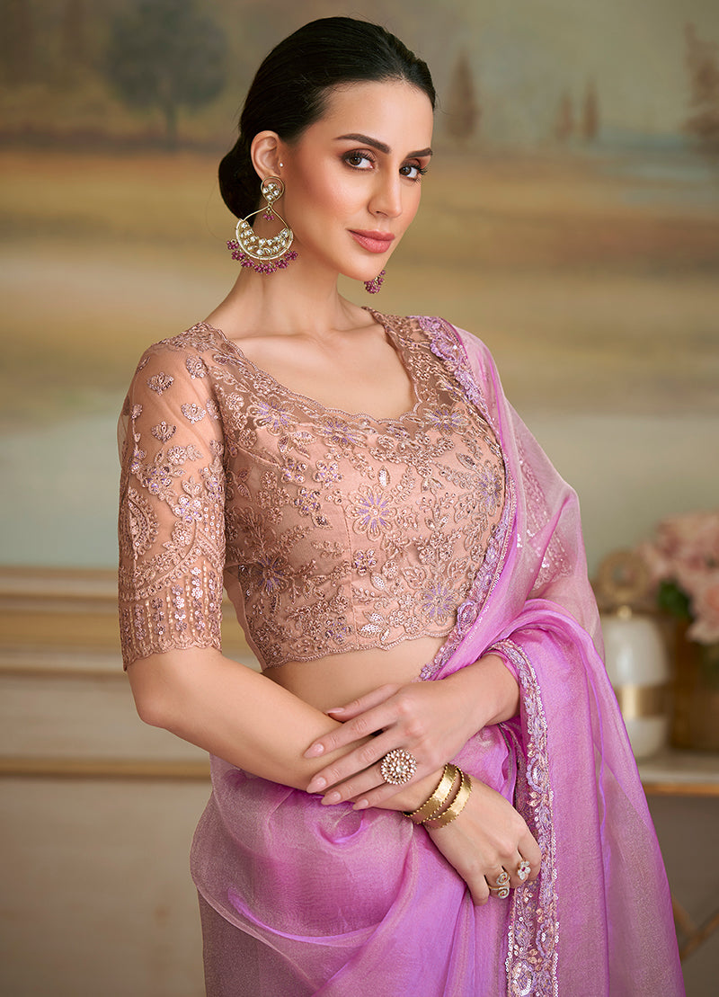 Monjolika Fashion Lilac Tissue Georgette Embroidered Border Party Trendy Saree | Grocsy