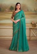 Monjolika Fashion Sea Green Gold Georgette Embroidered Border Party Trendy Saree | Grocsy