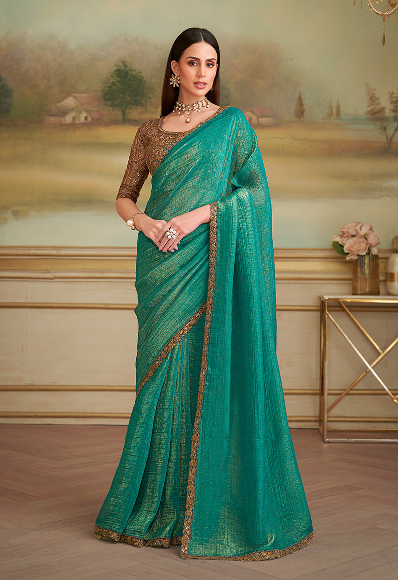 Monjolika Fashion Sea Green Gold Georgette Embroidered Border Party Trendy Saree | Grocsy