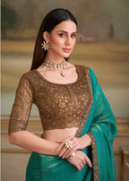 Monjolika Fashion Sea Green Gold Georgette Embroidered Border Party Trendy Saree | Grocsy