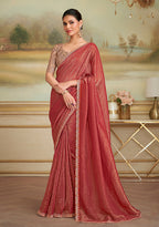 Monjolika Fashion Rust Gold Georgette Embroidered Border Party Trendy Saree | Grocsy