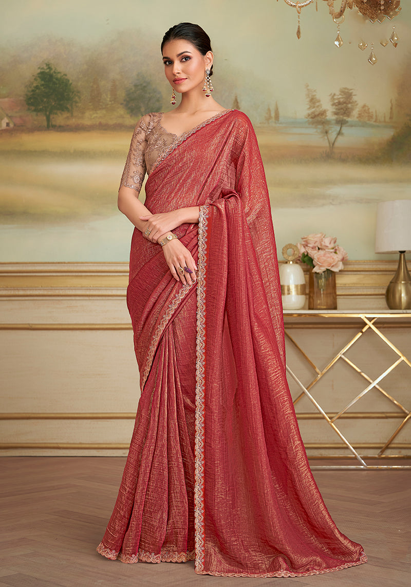 Monjolika Fashion Rust Gold Georgette Embroidered Border Party Trendy Saree | Grocsy