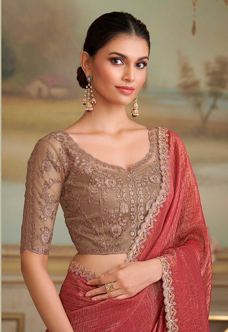 Monjolika Fashion Rust Gold Georgette Embroidered Border Party Trendy Saree | Grocsy