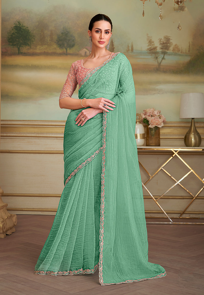 Monjolika Fashion Sky Blue Tissue Georgette Embroidered Border Party Trendy Saree | Grocsy