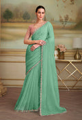 Monjolika Fashion Sky Blue Tissue Georgette Embroidered Border Party Trendy Saree | Grocsy