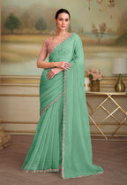 Monjolika Fashion Sky Blue Tissue Georgette Embroidered Border Party Trendy Saree | Grocsy