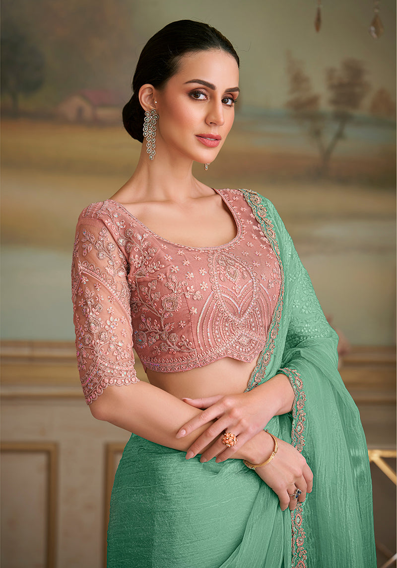 Monjolika Fashion Sky Blue Tissue Georgette Embroidered Border Party Trendy Saree | Grocsy