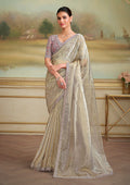 Monjolika Fashion Beige Tissue Georgette Embroidered Border Party Trendy Saree | Grocsy
